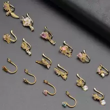 1 Peça Clipe De Nariz E Anel Com Pingente De Estrela, Coração E Planeta, Não Perfurante Fashion, Rhinestone Dourado Para Mulheres