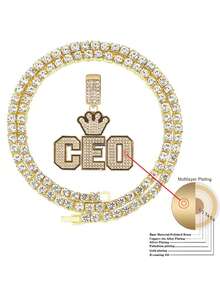 1Pc Men's Funky Personalized Necklace With Crown CEO Fake Diamond Pendant-Fashion Iced Out Rope Chain - Gold - View 3