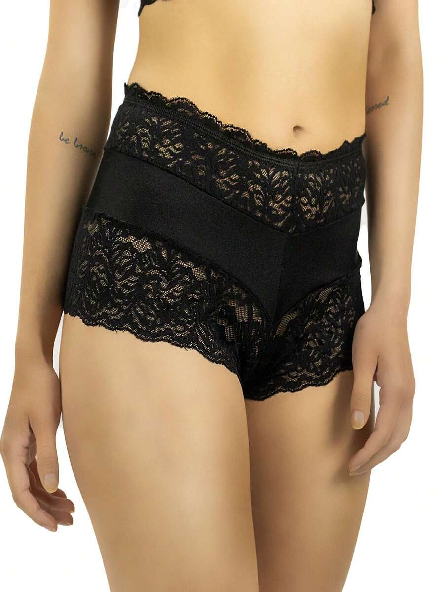 Calzón De Encaje Con Detalle De Tela Brillante - Negro - Ver 1