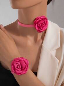 imoli 2 Stücke/Set einfach und frisch Polyester 3D Blumen Armband & Choker Halskette Schmuckset, perfekt als Geschenk für Frauen zum Abend, Valentinstag, Mutter, Muttertag