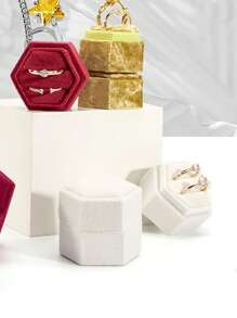 1入六面絨面雙環展示底座戒指盒,可拆卸蓋子,用於訂婚、婚禮、儀式、攝影、紀念品、新娘、六角形、雙環盒子