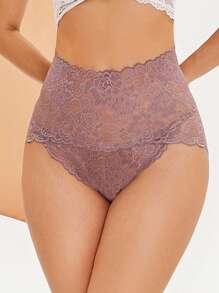 女性全蕾絲純色高腰簡約性感三角褲，舒適女性內衣 - 卡其色 - 查看 5