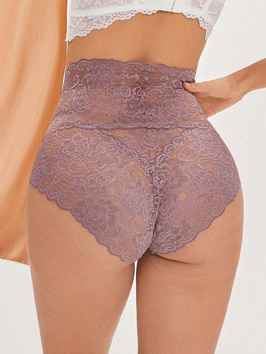 女性全蕾絲純色高腰簡約性感三角褲，舒適女性內衣