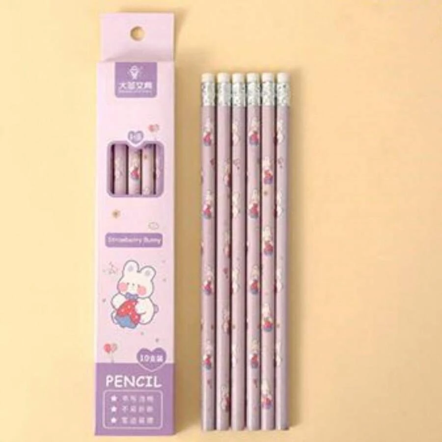 卡通可愛鉛筆套裝(10支)帶橡皮筆頭,附有鉛筆盒,適用於小學生使用的hb鉛筆 - 紫色 - 查看 1