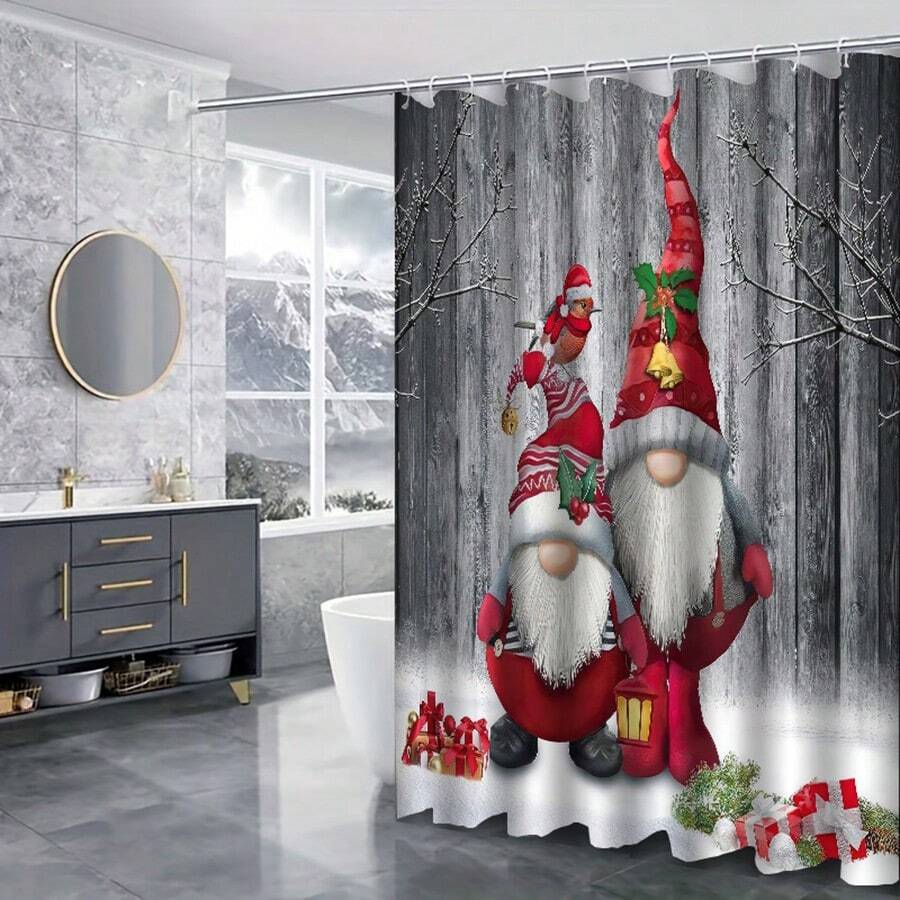 1入組聖誕節禮物淋浴簾 - 2入組聖誕侏儒浴室淋浴簾，可愛的聚酯纖維材質配有12個塑料鉤子，70.8寬x 70.8高