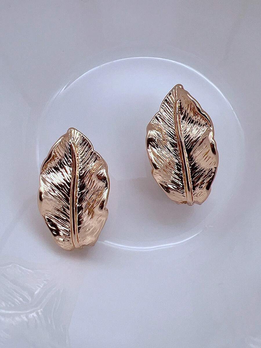 高金屬質感 3d 對稱葉形耳環 - 金色 - 查看 1