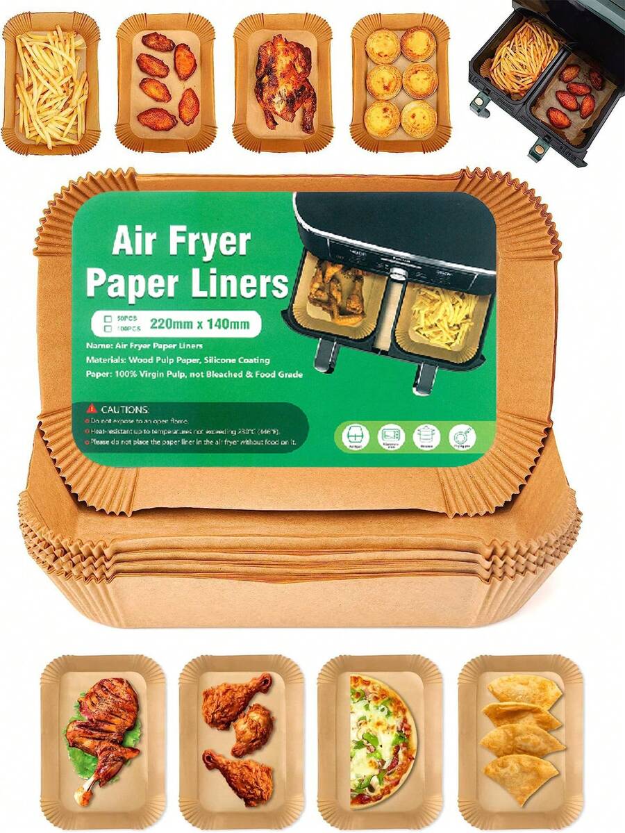 50pcs Rectangle Air Fryer Parchment Paper Liners, Silicone Coated Non-stick Baking Sheets For Large Square Fryers - Brown - View 1