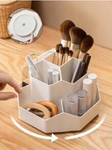 1pc White Rotatable Makeup Brush Holder With 9 Compartments For Lipstick And Other Cosmetics On Vanity Table - White - View 2