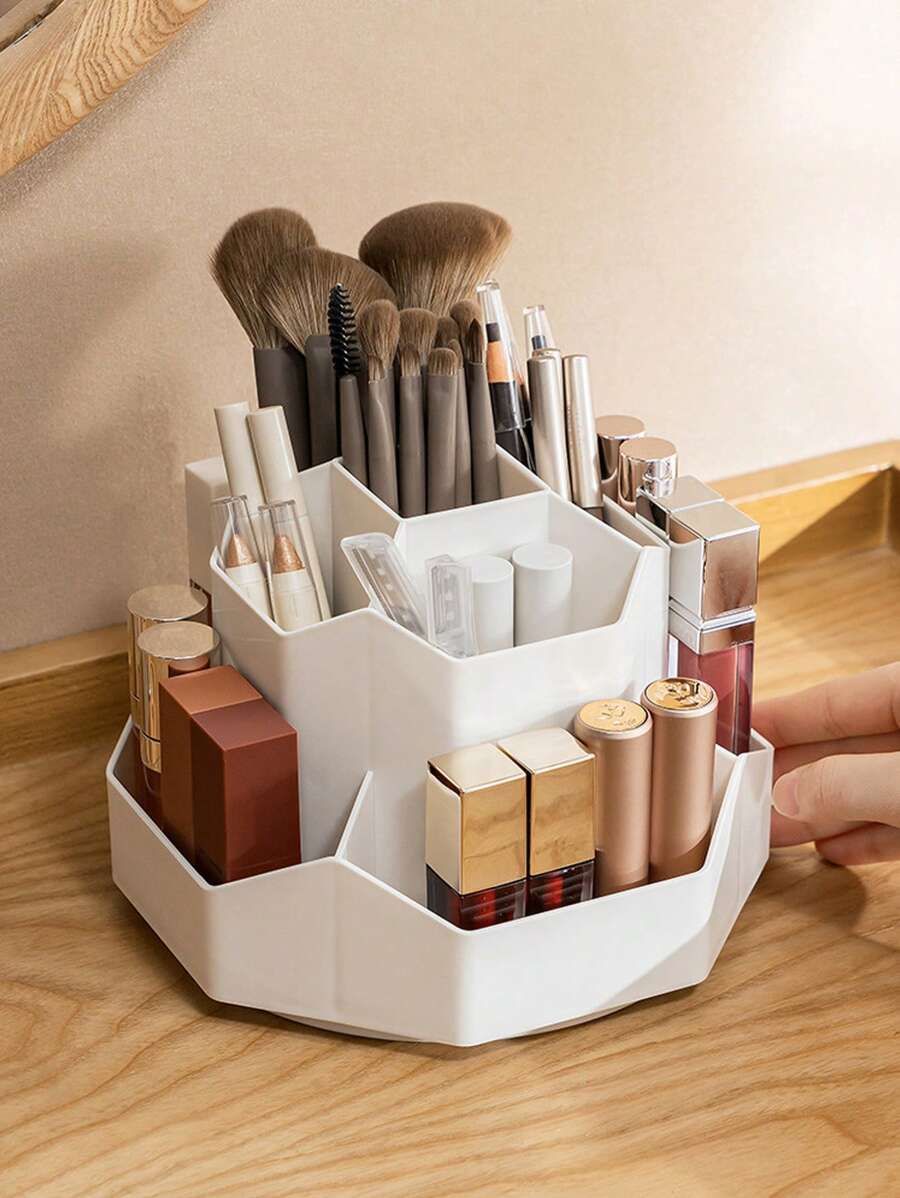 1pc White Rotatable Makeup Brush Holder With 9 Compartments For Lipstick And Other Cosmetics On Vanity Table - White - View 1