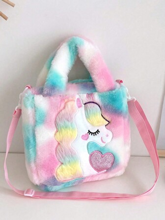 1 件卡通毛绒单肩包，可爱独角兽女孩斜挎包，扎染渐变色毛绒独角兽风格女童拉链开合手提包，简约风格，适合旅行、学习、购物，配有可拆卸肩带（渐变色随机）