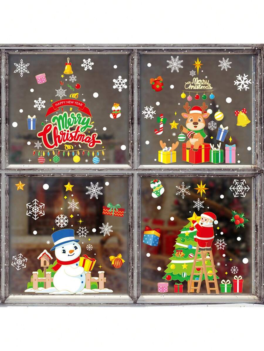 4 張聖誕窗貼玻璃窗,雙面聖誕窗貼聖誕樹窗貼聖誕老人窗貼花聖誕裝飾兒童室內家庭派對車,防靜電