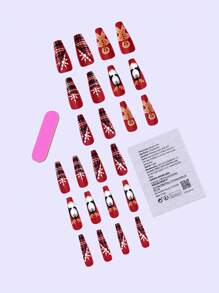 24入組超長梯形時尚指甲貼,聖誕紅色薑餅人企鵝麋鹿鹿角黑色白色方格光面啞光,附有果凍膠與磨條,全覆蓋式美甲套裝,適用於派對舞蹈和日常穿著 - 彩色 - 查看 2