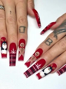 24入組超長梯形時尚指甲貼,聖誕紅色薑餅人企鵝麋鹿鹿角黑色白色方格光面啞光,附有果凍膠與磨條,全覆蓋式美甲套裝,適用於派對舞蹈和日常穿著 - 彩色 - 查看 1