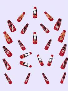 24入組超長梯形時尚指甲貼,聖誕紅色薑餅人企鵝麋鹿鹿角黑色白色方格光面啞光,附有果凍膠與磨條,全覆蓋式美甲套裝,適用於派對舞蹈和日常穿著 - 彩色 - 查看 3