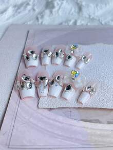 10入組法式風格長款假指甲,帶3d蝴蝶&心型鑽石設計,適用婚禮、聚會、舞會、日常佩戴 - 白色 - 查看 3