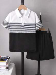 男童休闲条纹Polo衫和纯色短裤套装（2件套），春夏款 - 黑與白 - 查看 1