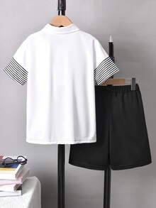 男童休闲条纹Polo衫和纯色短裤套装（2件套），春夏款 - 黑與白 - 查看 3