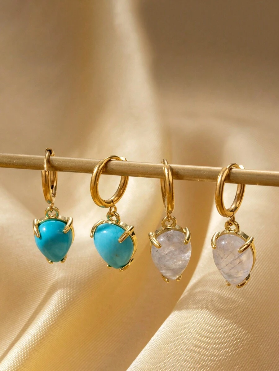 1 đôi Thanh tú & Sang trọng Thép không gỉ Nhẫn Dangle Hoa tai Với Đồng & Khối Zirconia  & Giọt nước mắt Đá tự nhiên - Vàng - Xem 1