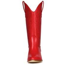 MUCCCUTE Women's Cowgirl Embroidered Western Cowboy Boots, Mid Calf Booties Pointed Toe Chunky Heel 5cm Pull On Fashion Design Western Boots For Ladies, Party And Outdoor - 紅色 - 查看 5