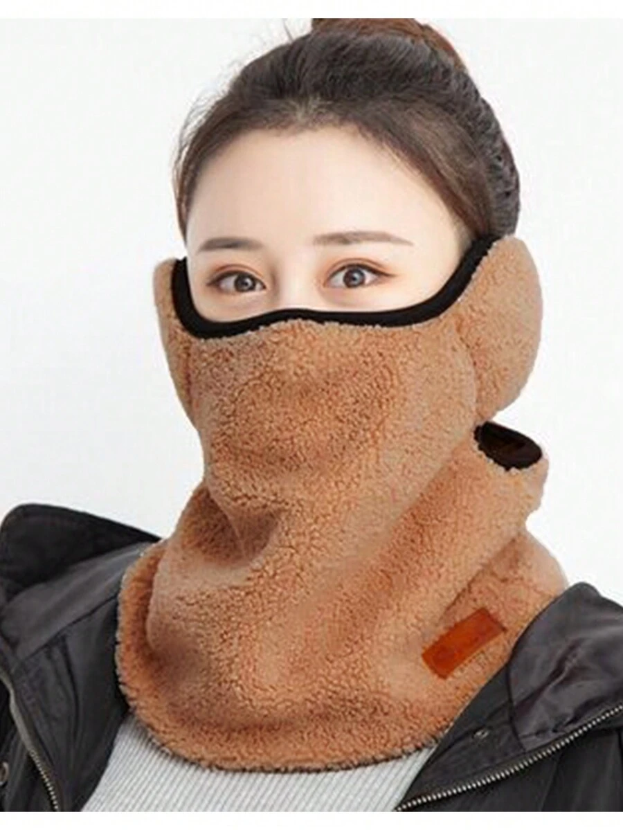 1pc Winter Wind And Dust Mask Thermal Lined Warm Ear Protection And Face Scarf Three-In-One Ski Electric Car Anti-Cold Riding Scarf - Coffee Brown - View 1