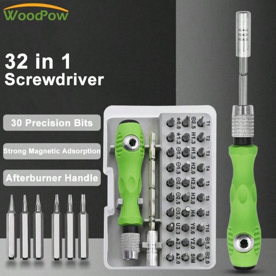 32合1精密螺絲刀套裝,迷你磁性多功能螺絲刀頭套裝,適用於手機、ipad、相機、星形六角手工具維修 - 軍綠色 - 查看 1