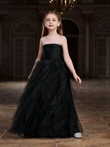 雙十歲女孩無肩帶派對禮服,具有分層網紗裙襬 - 黑色 - 查看 6