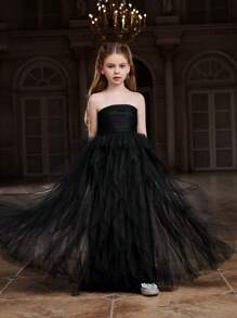 雙十歲女孩無肩帶派對禮服,具有分層網紗裙襬 - 黑色 - 查看 4