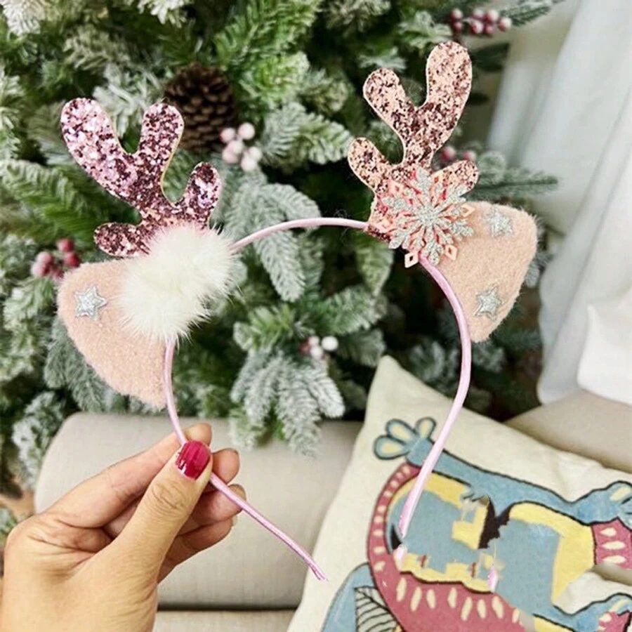 1 件裝女孩聖誕鹿角裝飾髮帶 - 粉色 - 查看 1