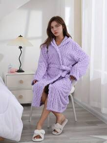1pc Coral Fleece Turtle Shell Pattern Hooded Bathrobe, Soft & Comfortable, Absorbent, For Women & Students, Loungewear, Shower, Leisure, Self-Use Or Gift - Purple - View 8