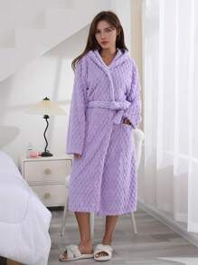 1pc Coral Fleece Turtle Shell Pattern Hooded Bathrobe, Soft & Comfortable, Absorbent, For Women & Students, Loungewear, Shower, Leisure, Self-Use Or Gift - Purple - View 10