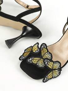Women's Colorful Butterfly Strap Sandals, Black Velvet, Sexy Open Toe Ankle Strap, Vacation Style, Summer, Square Toe, Thin High Heel