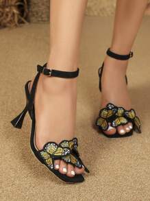 Women's Colorful Butterfly Strap Sandals, Black Velvet, Sexy Open Toe Ankle Strap, Vacation Style, Summer, Square Toe, Thin High Heel