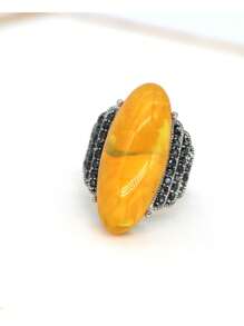 Retro Palace Style Amber & Diamond Decorated Index & Middle Finger Statement Ring - Yellow - View 1