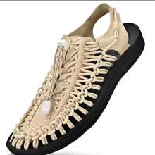 手工編織平底鞋,運動款羅馬涼鞋,低跟露趾,沙灘大尺碼男鞋 - 米色 - 查看 1