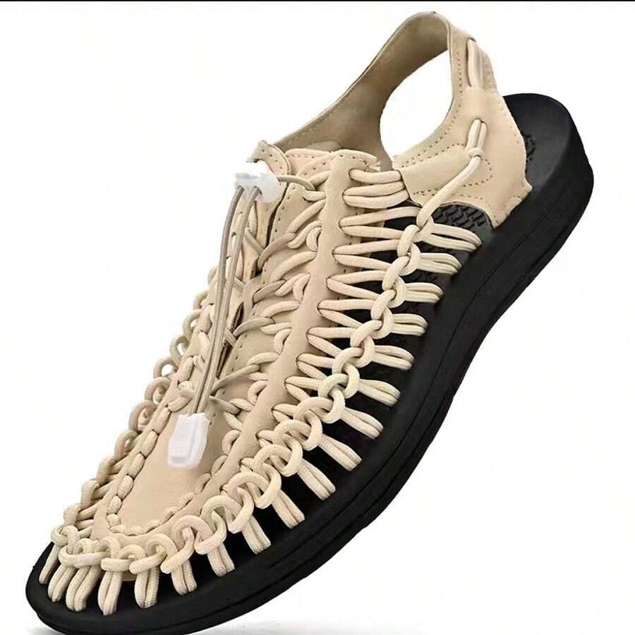 手工編織平底鞋,運動款羅馬涼鞋,低跟露趾,沙灘大尺碼男鞋 - 米色 - 查看 1