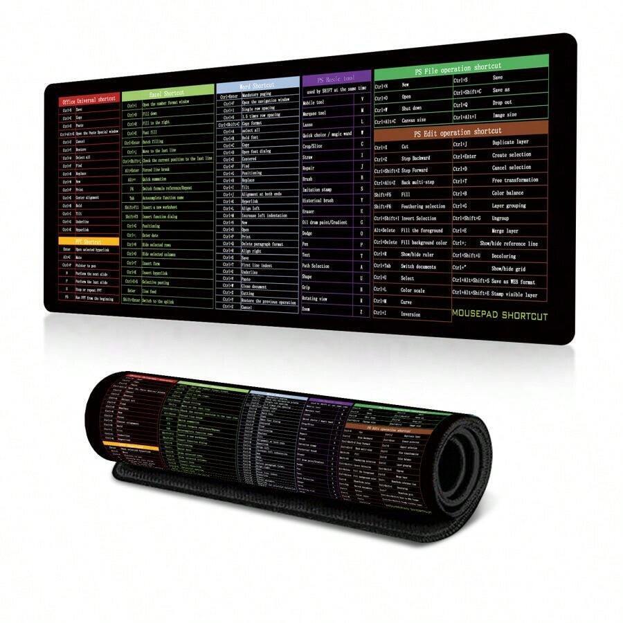 1入組電腦功能快捷鍵滑鼠墊,防滑滑鼠墊,大尺寸加厚鍵盤墊 - 黑色 - 查看 1