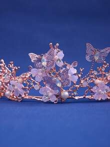 1個新娘玫瑰金色蝴蝶花卉歐美風水鑽石合金巴洛克皇冠,婚禮、舞會、宴會、演出、派對、日常使用