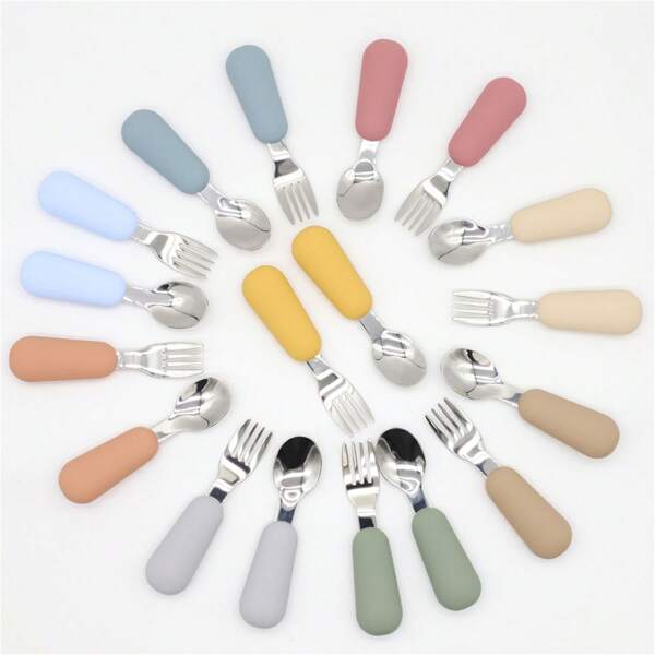 2pcs Toddler Tableware Set With Silicone Handle, Stainless Steel Children Safe Spoon & Fork, Silicone, Dishwasher Safe