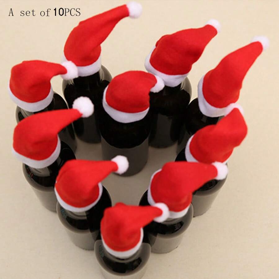 10入組聖誕節裝飾,包括聖誕帽,毛絨帽子,餐具套和酒瓶裝飾