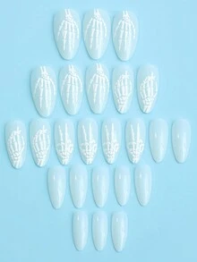 24 件杏仁形按压指甲白色手骨 3D 打印假指甲骨架假指甲适合女士和女孩 - 彩色 - 查看 2