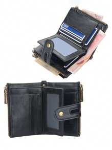 محفظة رجالية بمطوية مزدوجة من الجلد محفظة مع حامل بطاقات وسلسلة مضادة للسرقة، جيب سحاب معتدل للعملة، مع نافذة لبطاقة الهوية، هدايا للرجال. محفظة صغيرة، محفظة رجالية من الجلد محفظة RFID