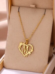 1pc Fashionable Stainless Steel Alphabet & Heart & Flower Design Necklace, Suitable For Women's Parties And Festivals, Jewelry Gift Valentines,Mom,Mother,Mother's Day,Gift