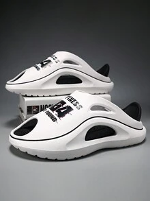 男士轻便防滑厚底个性化字母印花室内EVA拖鞋，居家穿着 - 白色 - 查看 2