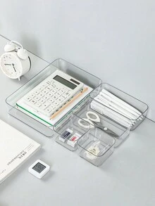 1pc Desktop Organizer For Office Table Or Cabinet, Rectangular Plastic Pencil And Stationery Storage Box For Desk Arrangement - transparent square - View 5