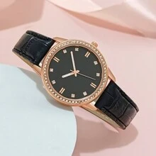 女性節日禮物 1入組奢華的石英手錶女商務時尚休閒圓形鑲鑽銀色不鏽鋼手錶