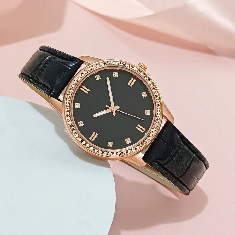 女性節日禮物 1入組奢華的石英手錶女商務時尚休閒圓形鑲鑽銀色不鏽鋼手錶