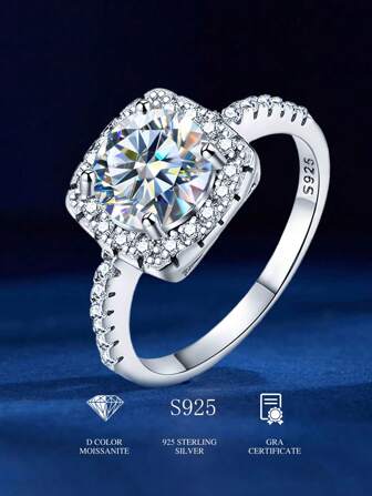 S925纯银莫桑石钻石订婚/结婚/周年纪念戒指，送给新娘的奢华珠宝礼物