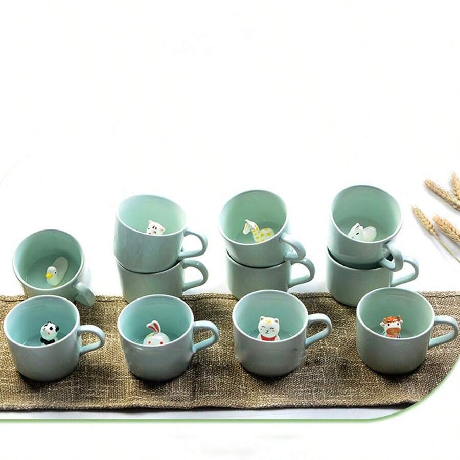 1pc Ceramic Vintage Coffee Mug With Random Animal Figure Inside - Green - View 1
