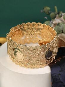 1pc Middle Eastern Moroccan Classic Wide Unique Hollow Coin Shaped Alloy Bangle Bracelet, Fashionable For Weddings And Holidays - Gold - View 2