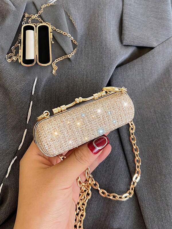 Bolso de embrague de moda lleno de cristales, bolso de cena de lujo ligero y popular, bolso de maquillaje, pequeño bolso de personalidad, estilo socialité de mujer con cadena de hombro y de Body cruzado, bolso de cadena metálica para auriculares